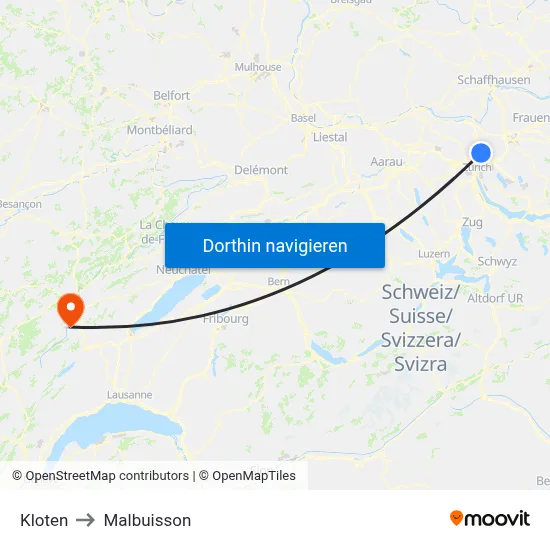 Kloten to Malbuisson map