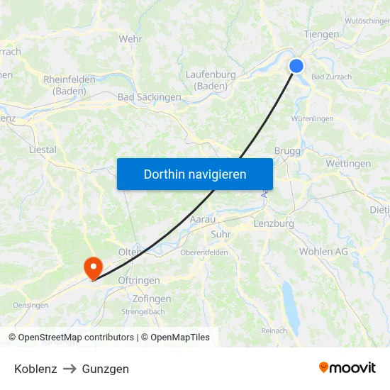 Koblenz to Gunzgen map