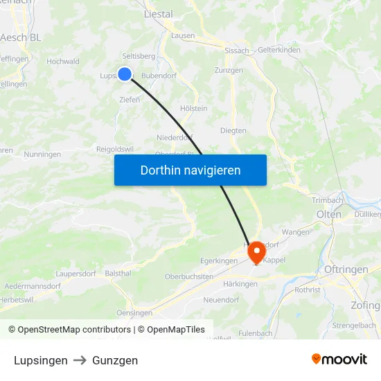 Lupsingen to Gunzgen map