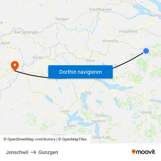 Jonschwil to Gunzgen map