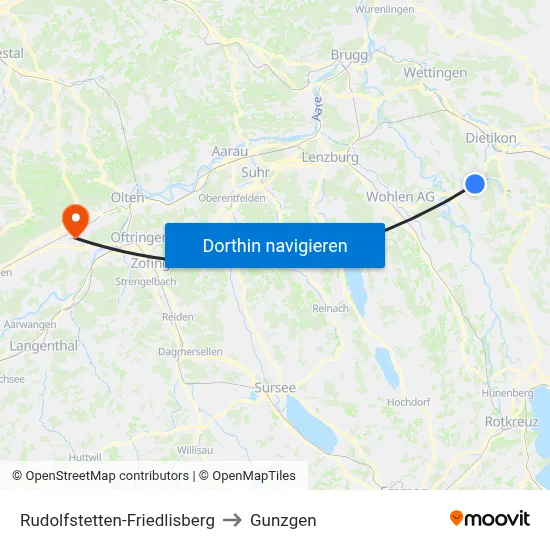 Rudolfstetten-Friedlisberg to Gunzgen map