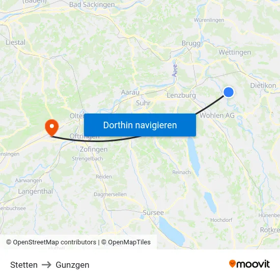 Stetten to Gunzgen map