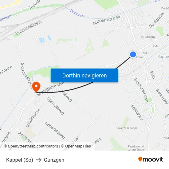 Kappel (So) to Gunzgen map