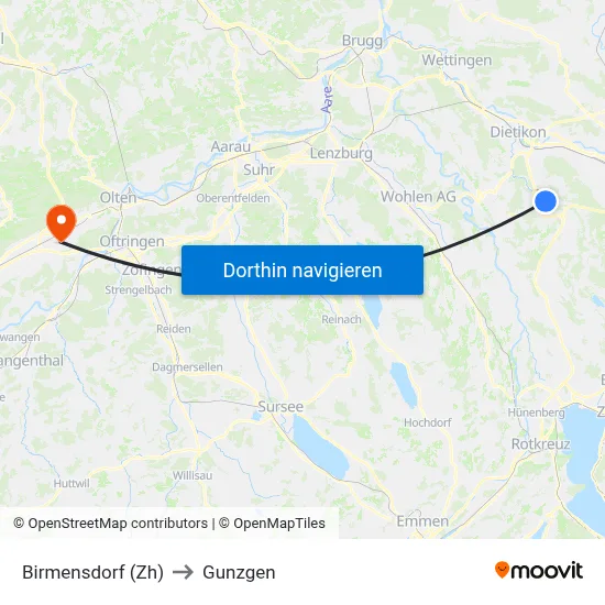 Birmensdorf (Zh) to Gunzgen map