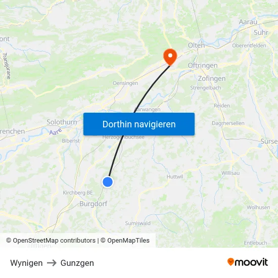 Wynigen to Gunzgen map