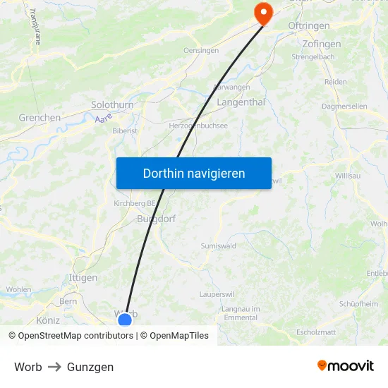 Worb to Gunzgen map