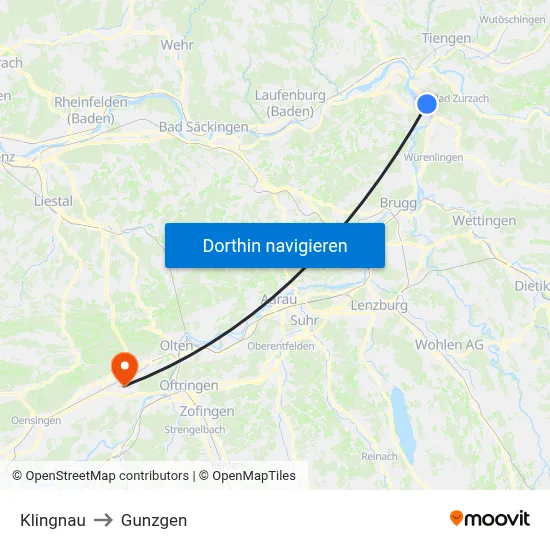 Klingnau to Gunzgen map