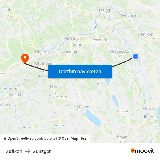 Zufikon to Gunzgen map