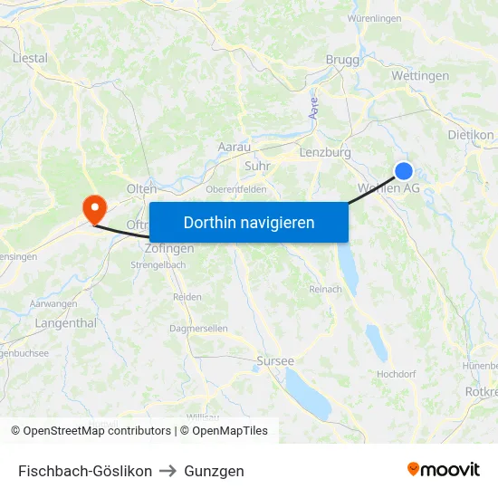 Fischbach-Göslikon to Gunzgen map
