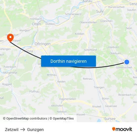 Zetzwil to Gunzgen map