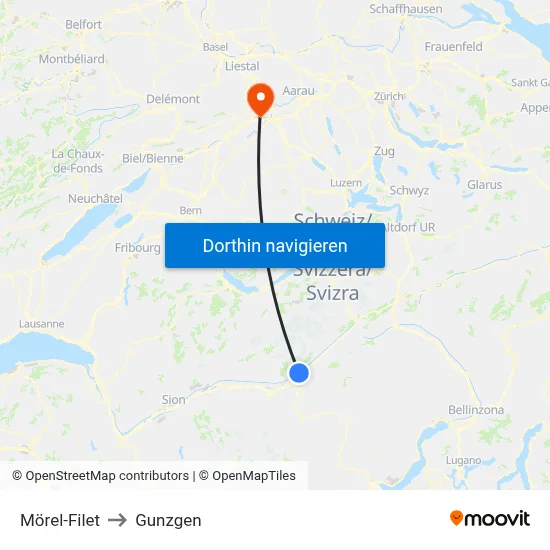 Mörel-Filet to Gunzgen map