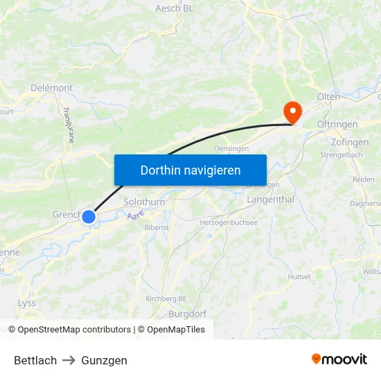Bettlach to Gunzgen map