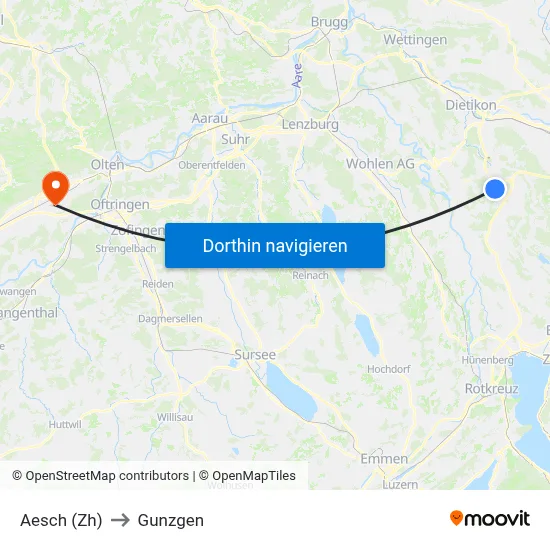 Aesch (Zh) to Gunzgen map