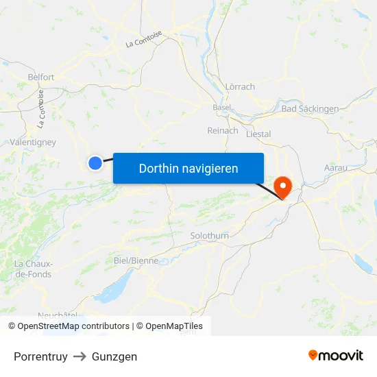 Porrentruy to Gunzgen map
