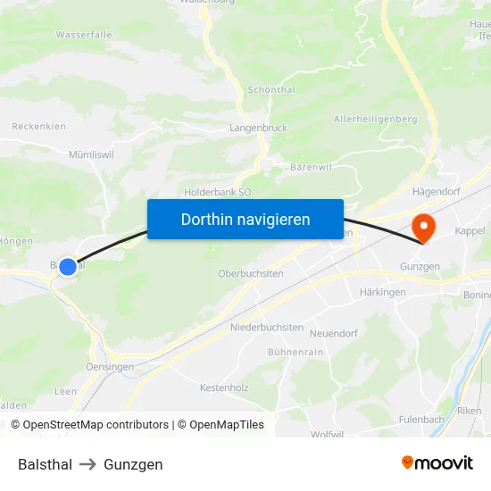 Balsthal to Gunzgen map
