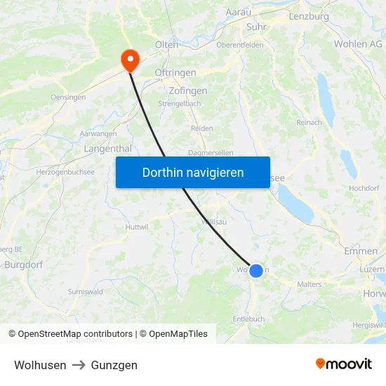 Wolhusen to Gunzgen map