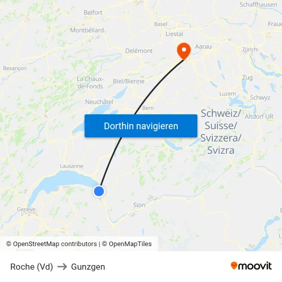 Roche (Vd) to Gunzgen map