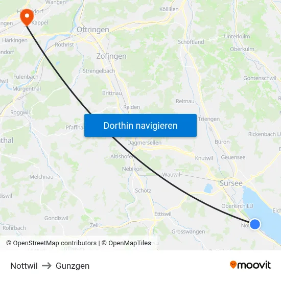 Nottwil to Gunzgen map