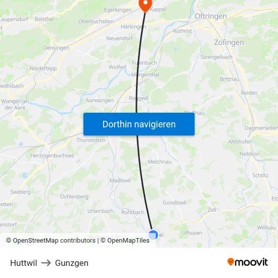 Huttwil to Gunzgen map