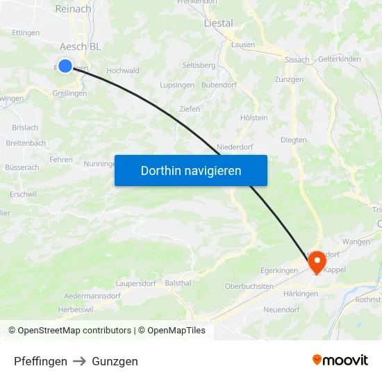 Pfeffingen to Gunzgen map