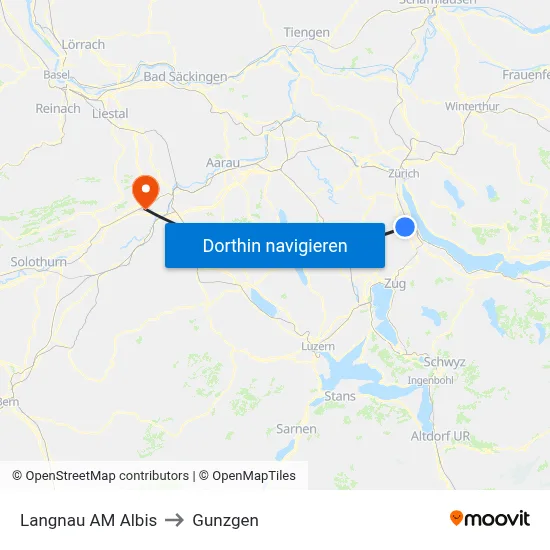 Langnau AM Albis to Gunzgen map