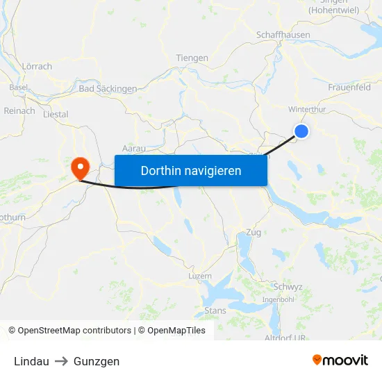 Lindau to Gunzgen map