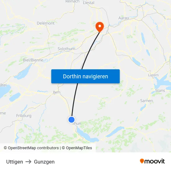Uttigen to Gunzgen map