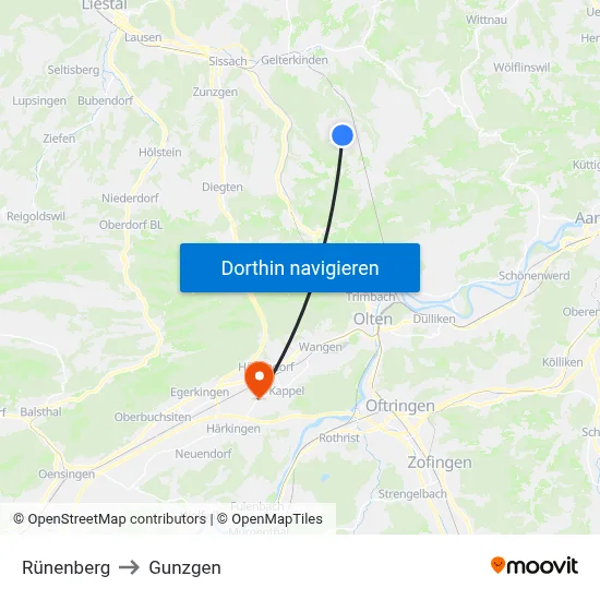 Rünenberg to Gunzgen map