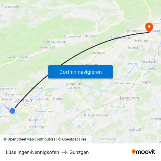 Lüsslingen-Nennigkofen to Gunzgen map