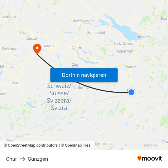 Chur to Gunzgen map