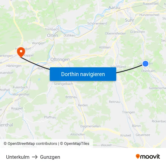Unterkulm to Gunzgen map