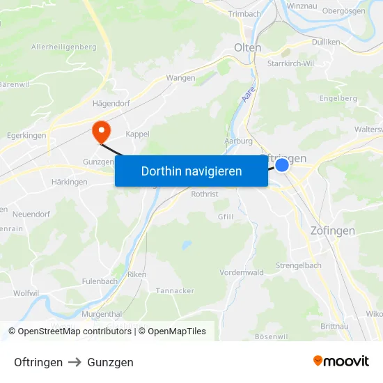 Oftringen to Gunzgen map