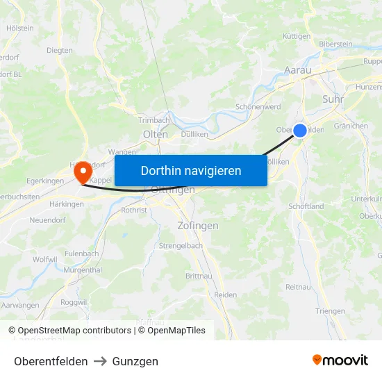 Oberentfelden to Gunzgen map