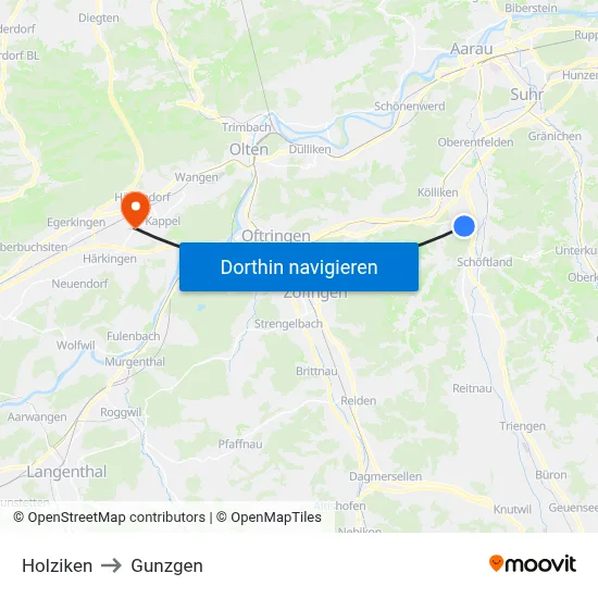 Holziken to Gunzgen map