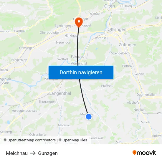 Melchnau to Gunzgen map