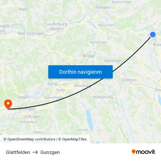Glattfelden to Gunzgen map
