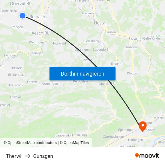 Therwil to Gunzgen map