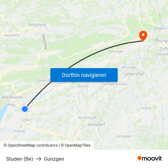 Studen (Be) to Gunzgen map