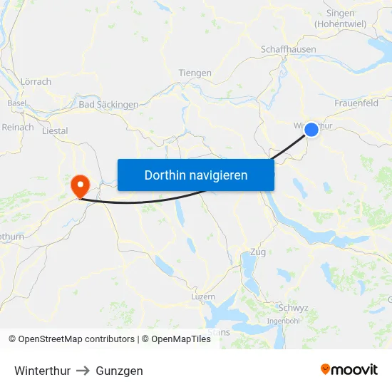 Winterthur to Gunzgen map