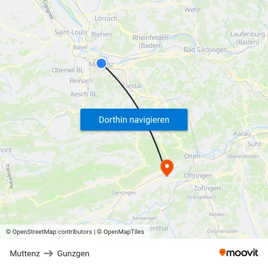 Muttenz to Gunzgen map