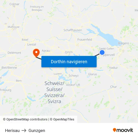 Herisau to Gunzgen map