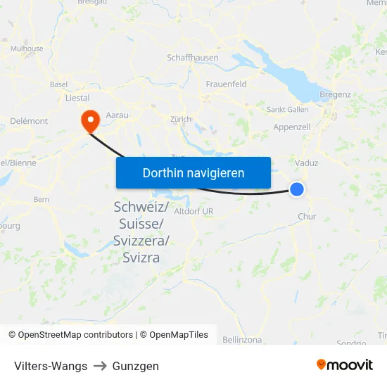 Vilters-Wangs to Gunzgen map