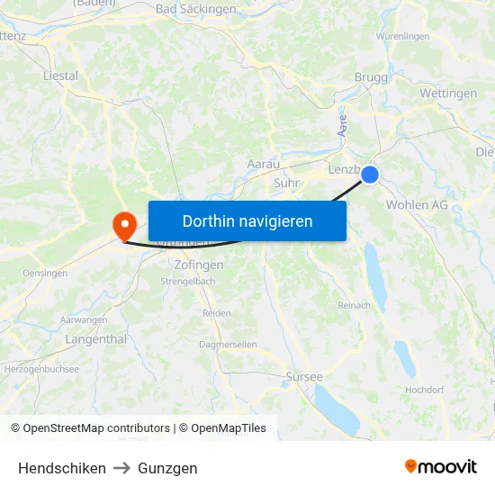 Hendschiken to Gunzgen map