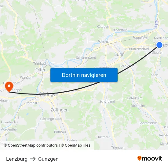 Lenzburg to Gunzgen map