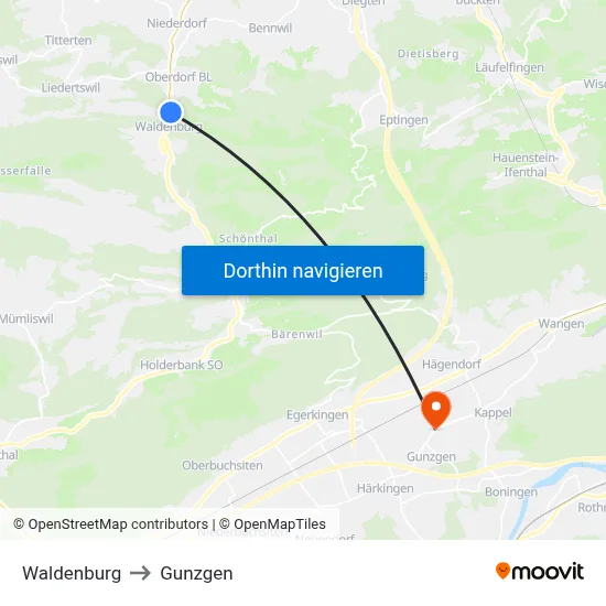 Waldenburg to Gunzgen map
