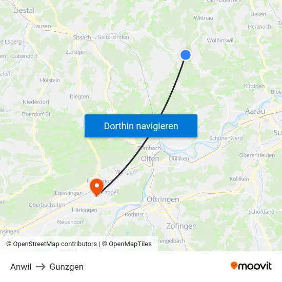 Anwil to Gunzgen map