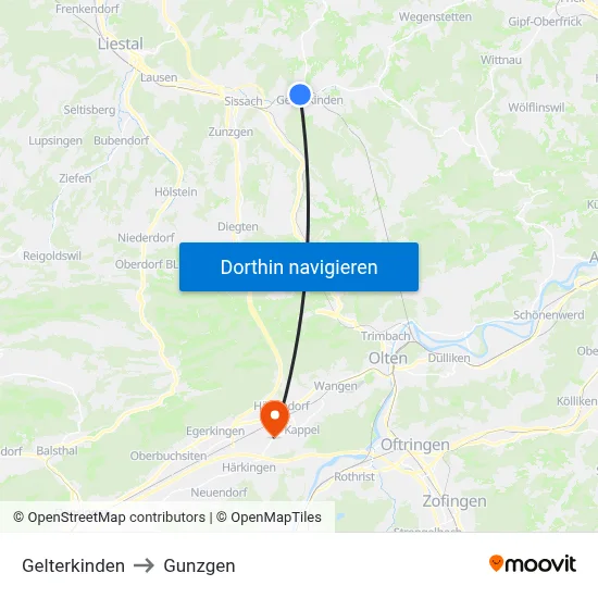 Gelterkinden to Gunzgen map
