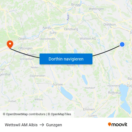 Wettswil AM Albis to Gunzgen map