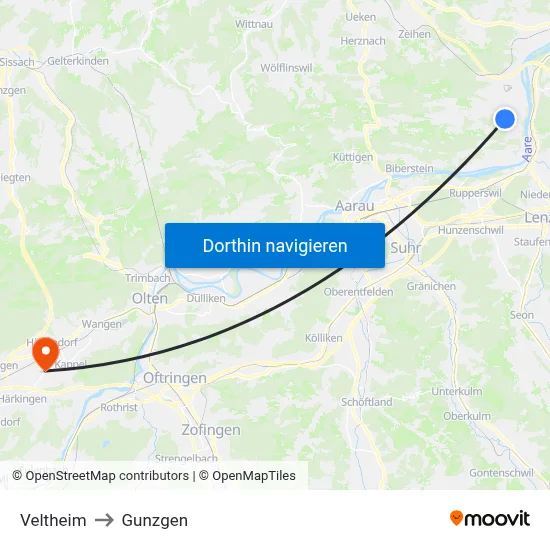 Veltheim to Gunzgen map
