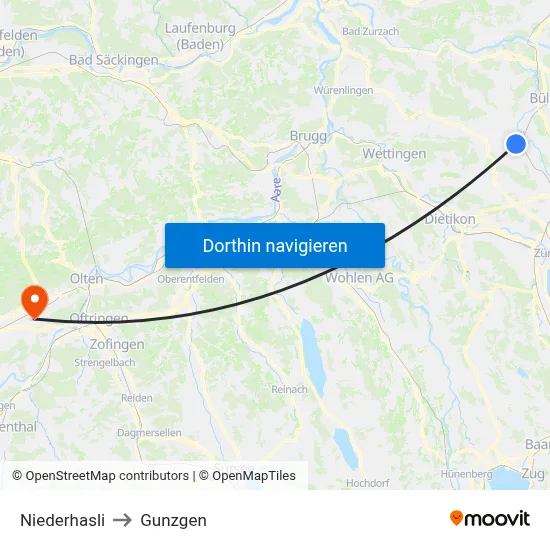 Niederhasli to Gunzgen map